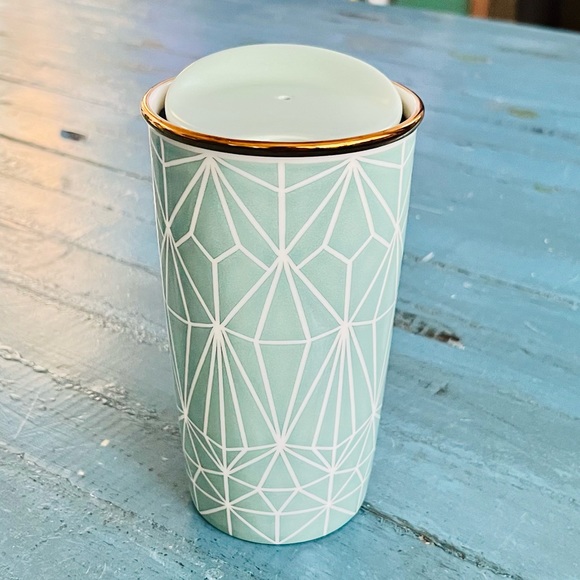 Starbucks Other - Starbucks Matte Sea Green Diamond Cutout Gold-tone Trim 12oz. Ceramic Travel Mug